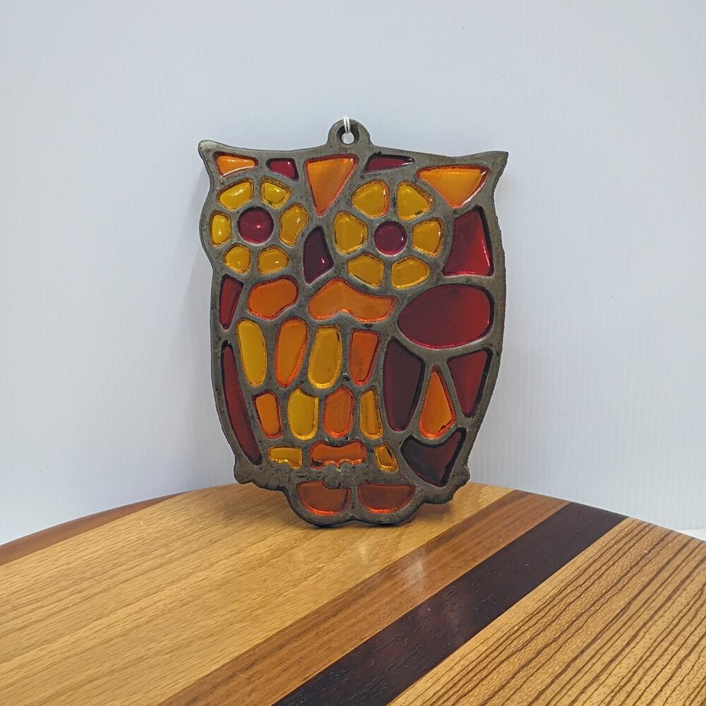 Owl Trivet Pot Holder Orange Red Resin Stained Glass Metal Frame Wall Plaque